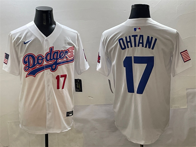 Men's Los Angeles Dodgers #17 Shohei Ohtani White With American Flag Patch Limited Stitched Baseball Jersey Men's Los Angeles Dodgers #17 Shohei Ohtani White With American Flag Patch Limited Stitched Baseball Jersey